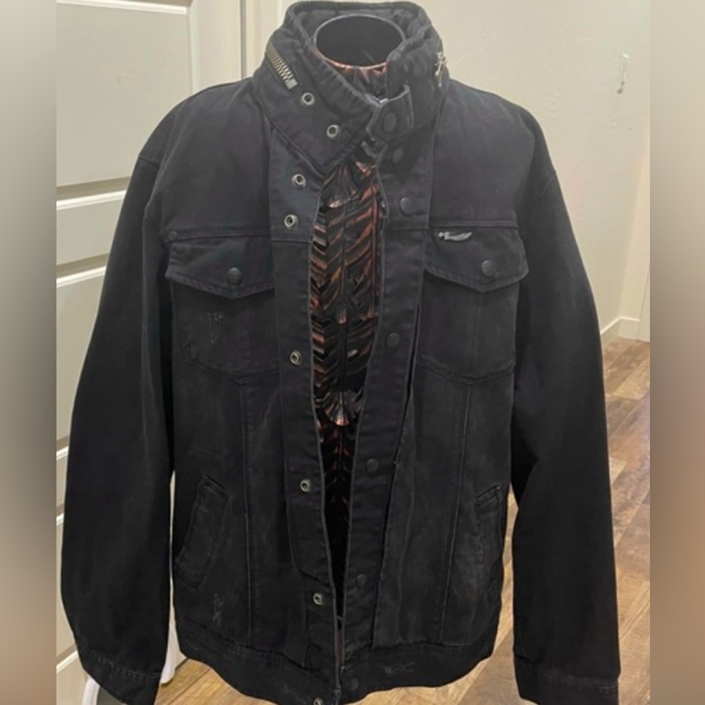 Obey Black Distressed Denim Snap Front Jacket. zipper on collar